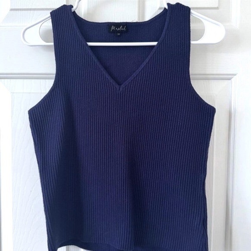 Blue Indigo V Neck Sweater Vest Fitted Ribbed Knit Size M 90's Style
